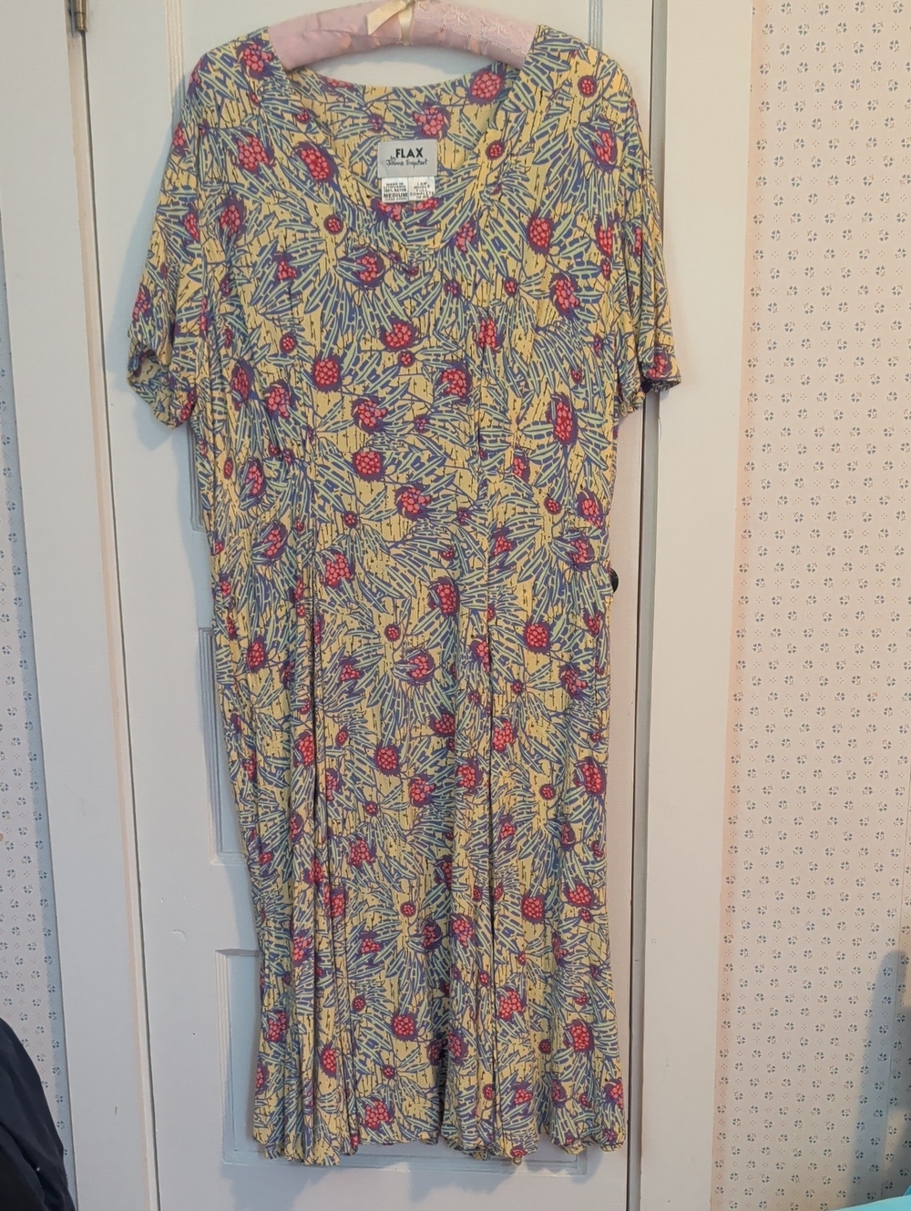 FLAX by Jeanne Engelhart Dress Yellow Floral Berry Short-Sleeve Boho Lagenlook M